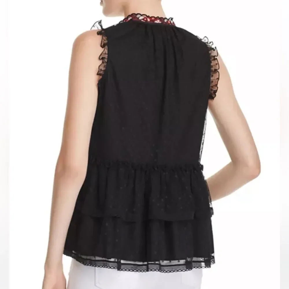 kate spade Camelia Embroidered Peplum Top – Black, Sleeveless, Size S